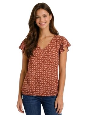 Maurices Rust Mixed Print V-neck Smocked Shoulder Flutter Sleeve Blouse Size M